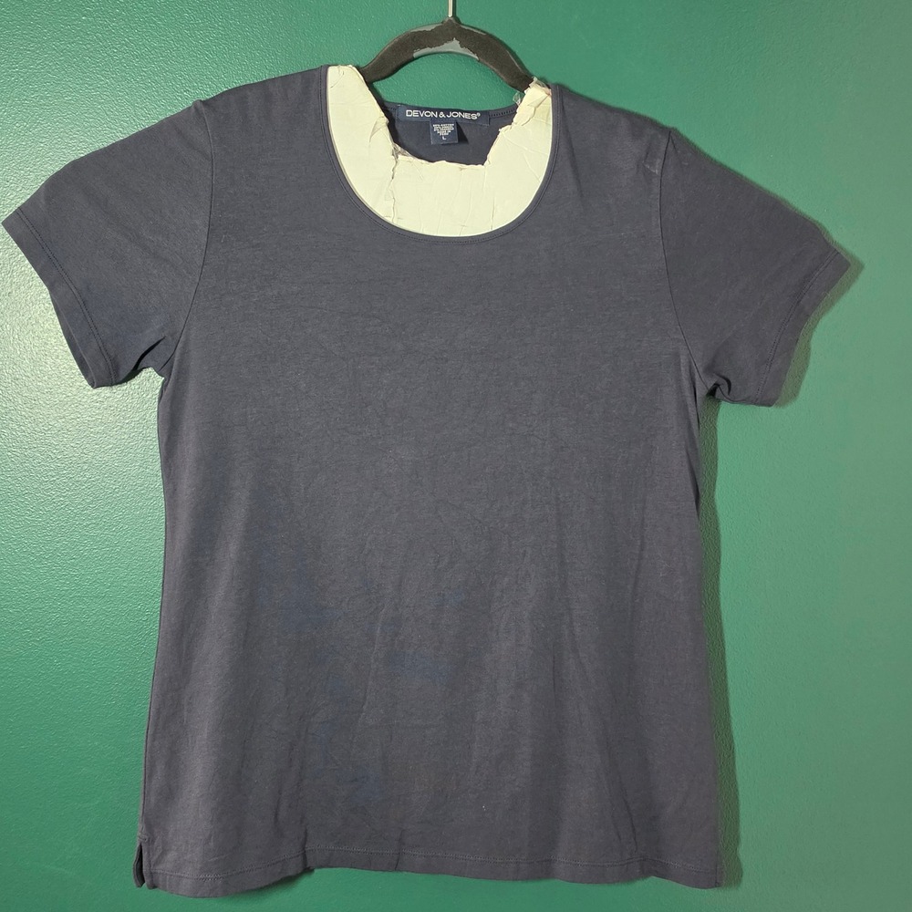 Devon & Jones Women Navy Blue Scoop Neck Short Sleeve TShirt Size L Cotton Modal
